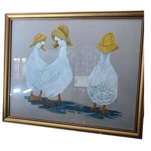 Vintage Original & Signed Ducks with Hats Painting 1986 21.5"x 17.5"